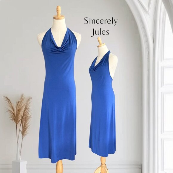 Sincerely Jules Slinky Sexy Cowl Tie Neck Halter Maxi Dress in Royal Blue - Picture 1 of 7